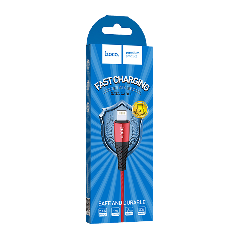 Кабель HOCO X38 USB (m)-Lightning (m) 1.0м 2.4A нейлон красный (1/30/300)