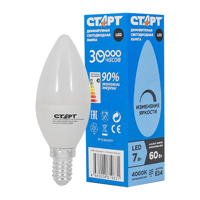 Лампа светодиодная Старт E14 7W 4000К 220-240V свеча димируемая прозрачная (1/10/100)