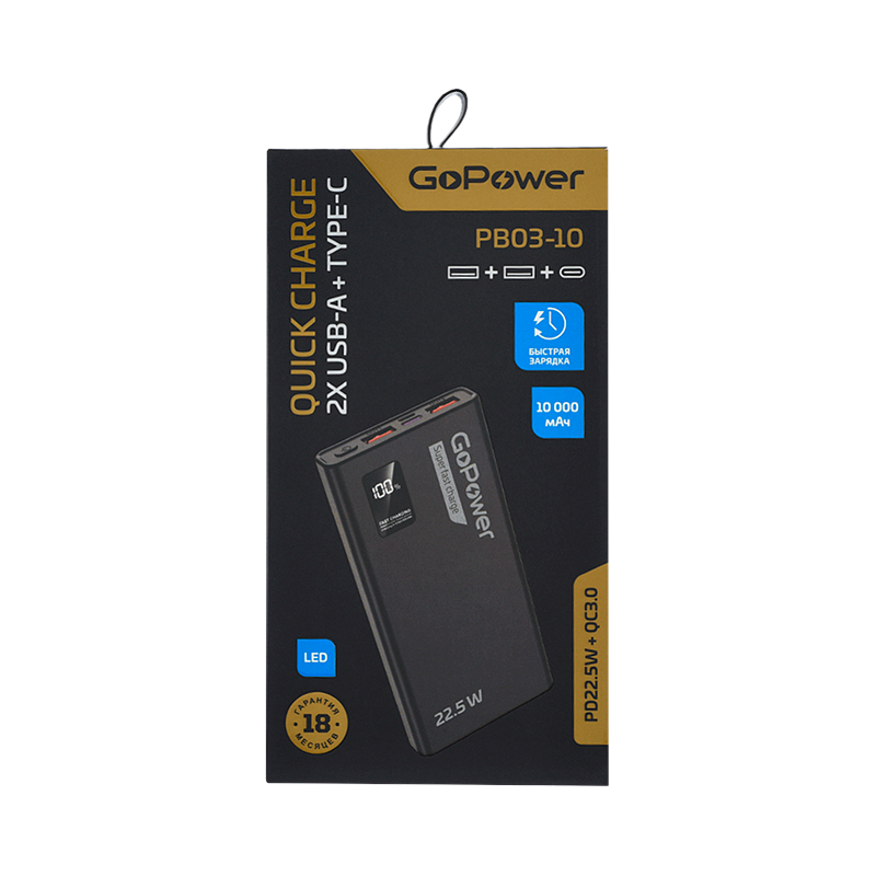 Внешний аккумулятор GoPower PB03-10 10000mAh 3.0A 22.5W 2USB/Type-C черный (1/50)