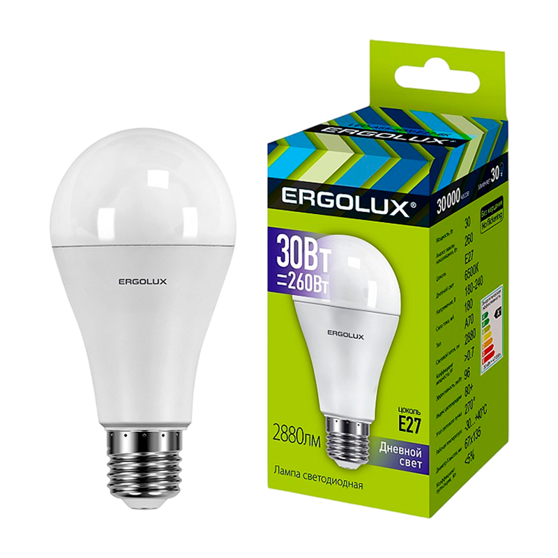 Лампа светодиодная Ergolux A70 E27 30W 6500К 172-265V груша ЛОН (1/10/100)