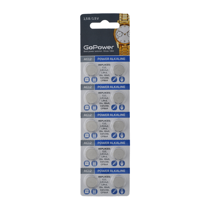 Батарейка GoPower G12/LR1142/LR43/386A/186 BL10 Alkaline 1.55V (10/100/3600)
