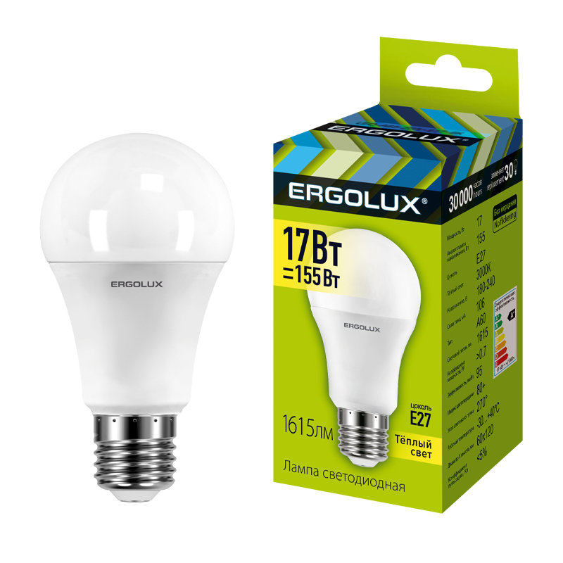 Лампа светодиодная Ergolux A60 E27 17W 3000К 180-240V груша ЛОН (1/10/100)