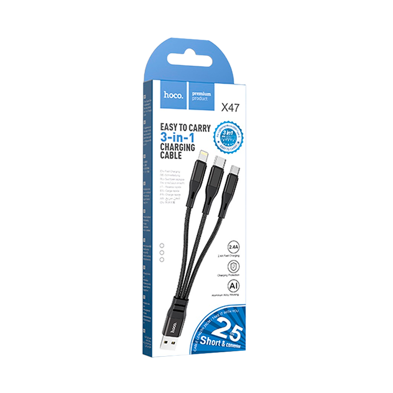 Кабель HOCO X47 USB (m)-Lightning/Type-C/microUSB (m) 0.25м 2.4A нейлон черный (1/31/310)
