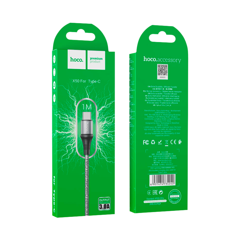 Кабель HOCO X50 USB (m)-Type-C (m) 1.0м 3.0A нейлон серый (1/31/310)
