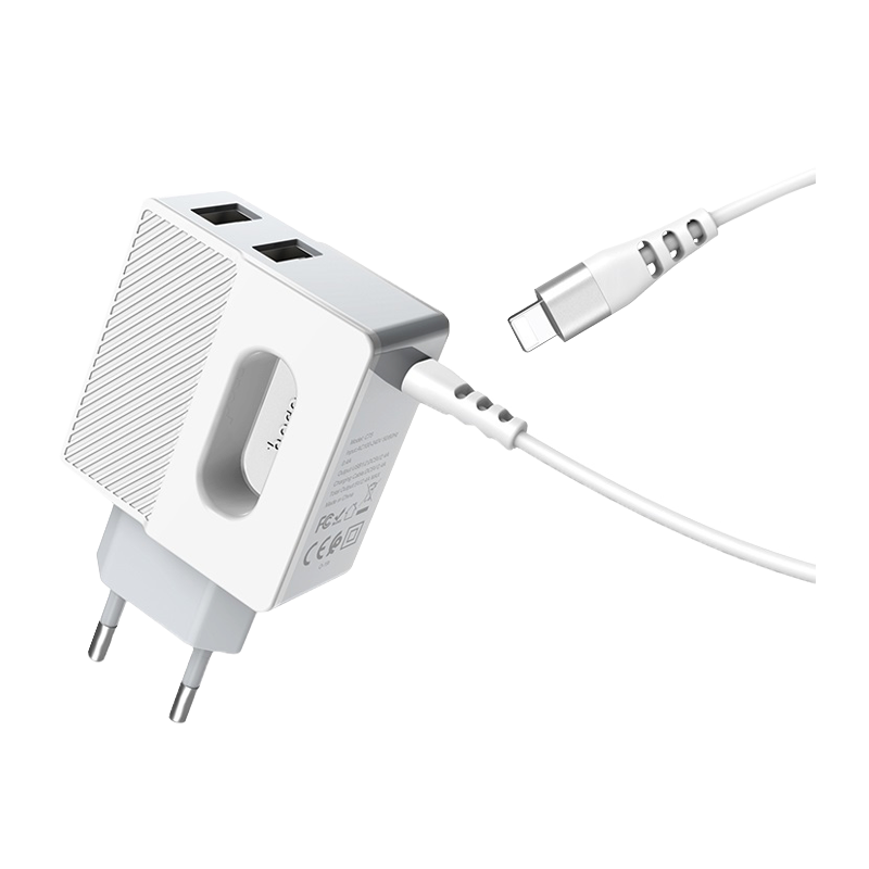 Сетевое З/У HOCO C75 2USB Lightning (m) 2.4A белый (1/13/130)