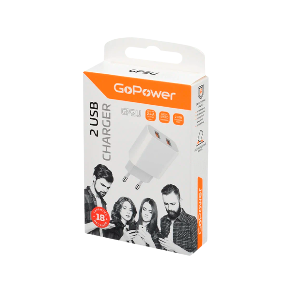 *Сетевое З/У GoPower GP2U 2USB 2.4A 12W белый (1/108) 