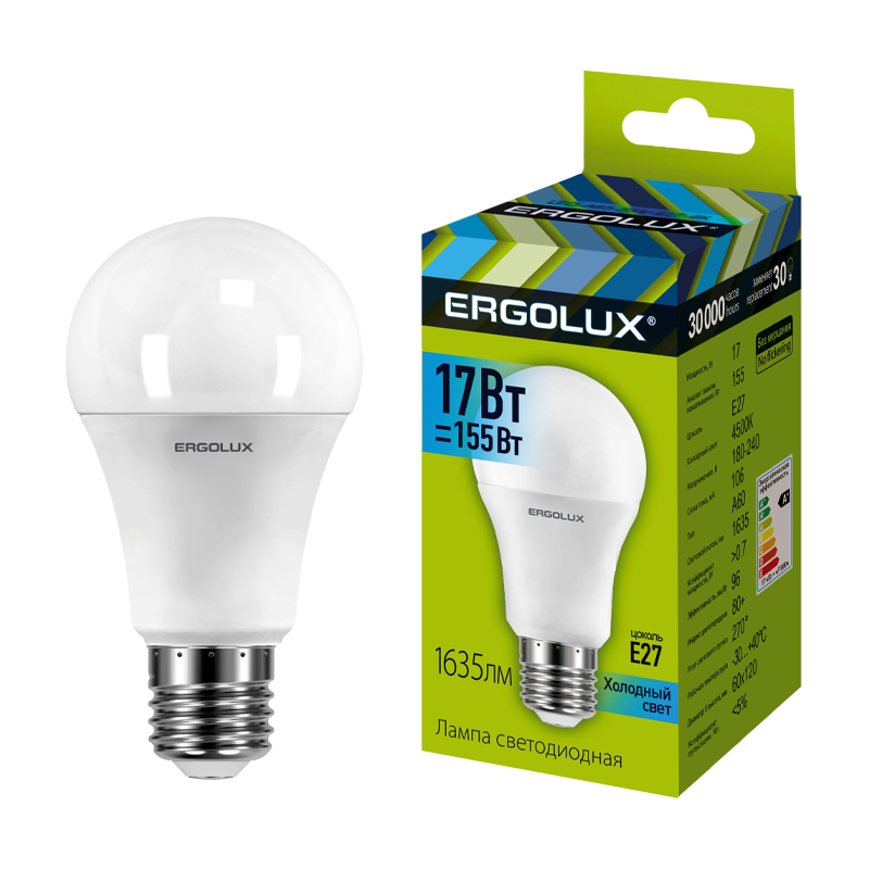 Лампа светодиодная Ergolux A60 E27 17W 4500К 180-240V груша ЛОН (1/10/100)