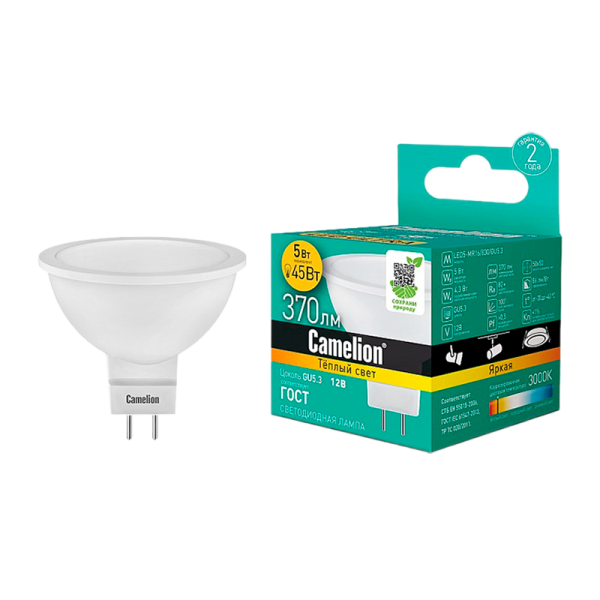 Лампа светодиодная Camelion MR16 GU5.3 5W 3000К 12V софит матовая (1/10/100)
