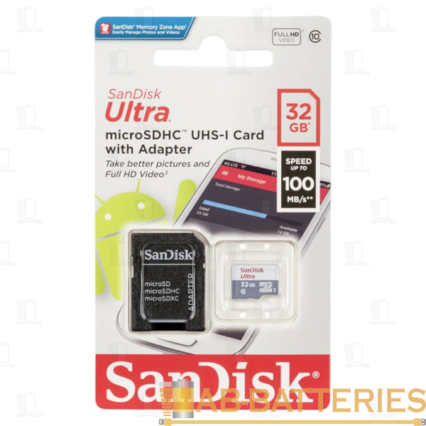 Карта памяти microSD SanDisk Ultra Light 32GB Class10 UHS-I (U1) 100 МБ/сек с адаптером (1/100)