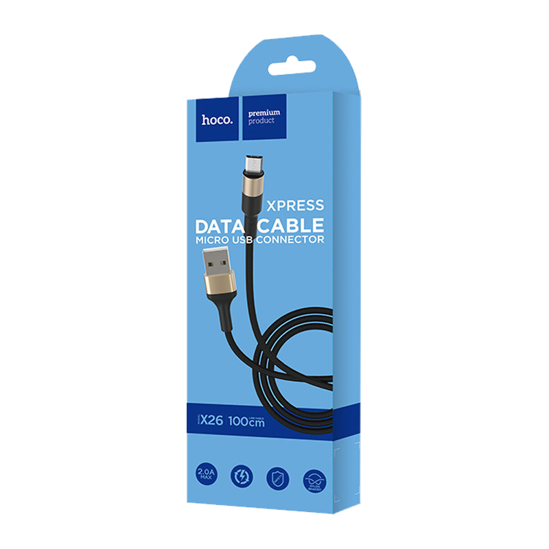 Кабель HOCO X26 USB (m)-microUSB (m) 1.0м 2.0A нейлон черный золотой (1/30/300)