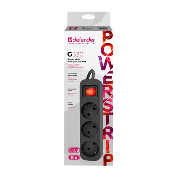 Удлинитель Defender G330 3р.С/З 10A 3.0м с выкл. черный (1/45)
