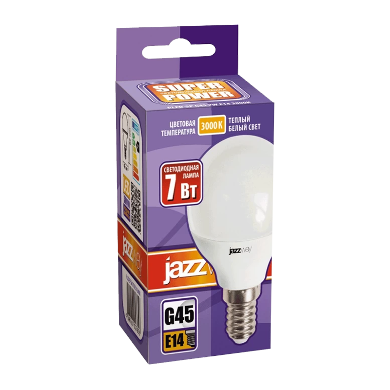 Лампа светодиодная JAZZway G45 E14 7W 3000К 230V шар матовая (1/10/100)