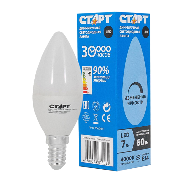 Лампа светодиодная Старт E14 7W 4000К 220-240V свеча димируемая прозрачная (1/10/100)