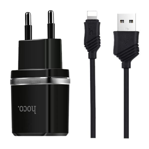 Сетевое З/У HOCO C12 2USB 2.4A с кабелем Lightning черный (1/10/100)