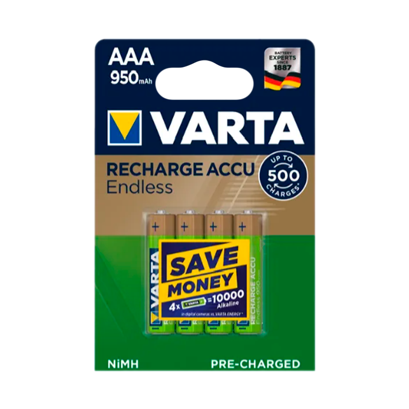 Аккумулятор бытовой Varta HR03 AAA BL4 NI-MH Endless 950mAh (4/40/200)