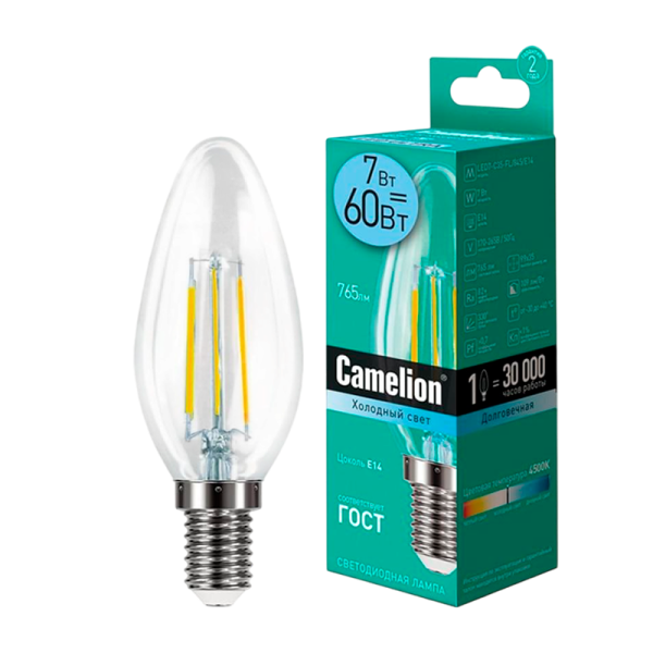 Лампа светодиодная Camelion C35 E14 7W 4500К 172-265V свеча прозрачная