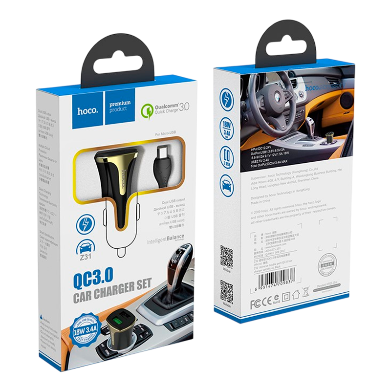 Автомобильное З/У HOCO Z31 2USB 3.4A QC3.0 с кабелем microUSB черный (1/14/140)