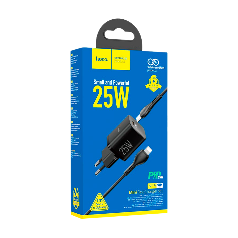Сетевое З/У HOCO N19 Type-C 25W PD3.0 с кабелем Type-C-Lightning черный (1/12/120)