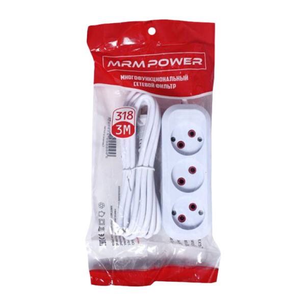 Удлинитель MRM-Power M-318 3р.Б/З 10A 3.0м белый (1/48)