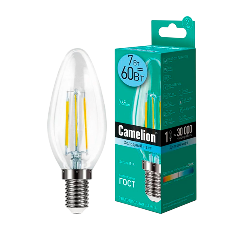 Лампа светодиодная Camelion C35 E14 7W 4500К 172-265V свеча прозрачная