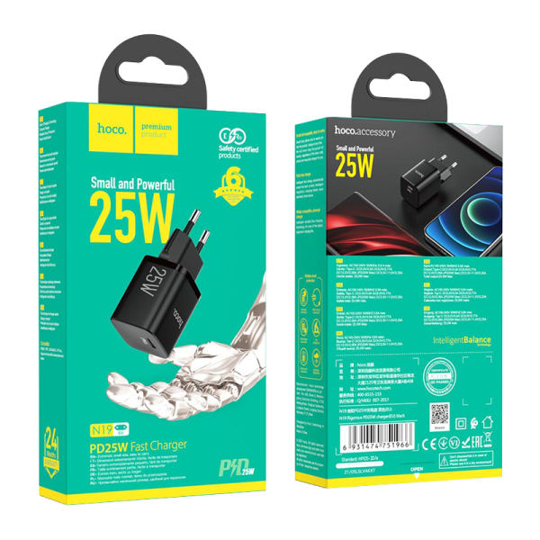 Сетевое З/У HOCO N19 Type-C 3.0A 25W PD3.0 черный (1/12/120)