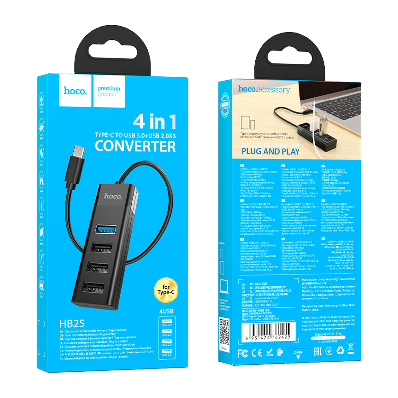USB-Хаб HOCO HB25 4USB Type-C (m) USB3.0 0.3м черный (1/18/180)