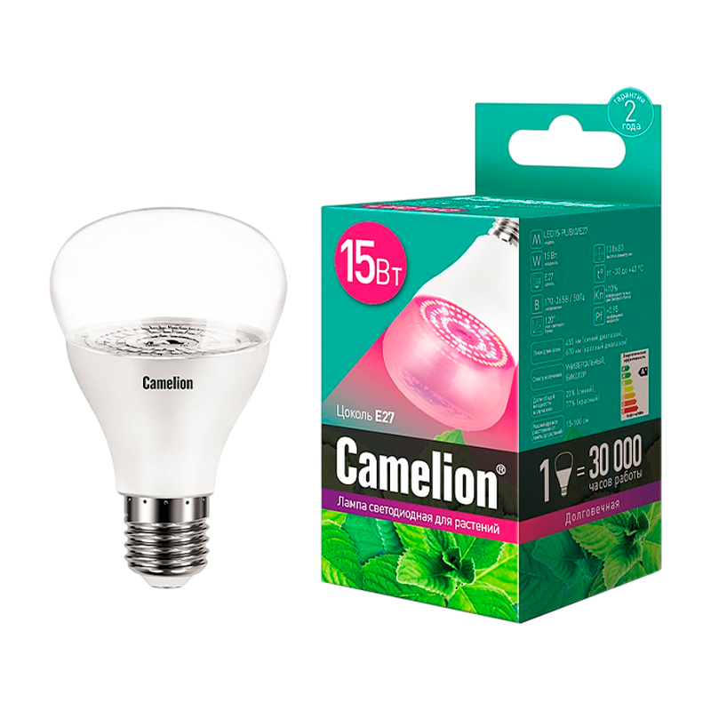 Лампа светодиодная Camelion 15W 220-240V груша ФИТО для аквариумов и растений прозрачная (1/20)