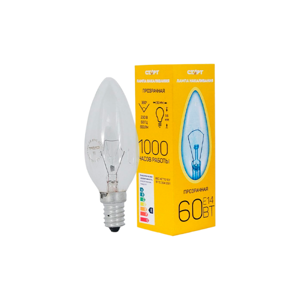 Лампа накаливания Старт E14 60W 230V свеча ДС прозрачная (1/10/50)