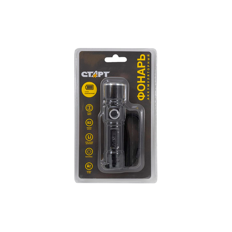 Фонарь светодиодный Старт LHE 514-C1 LED от аккумулятора USB 3 режима черный