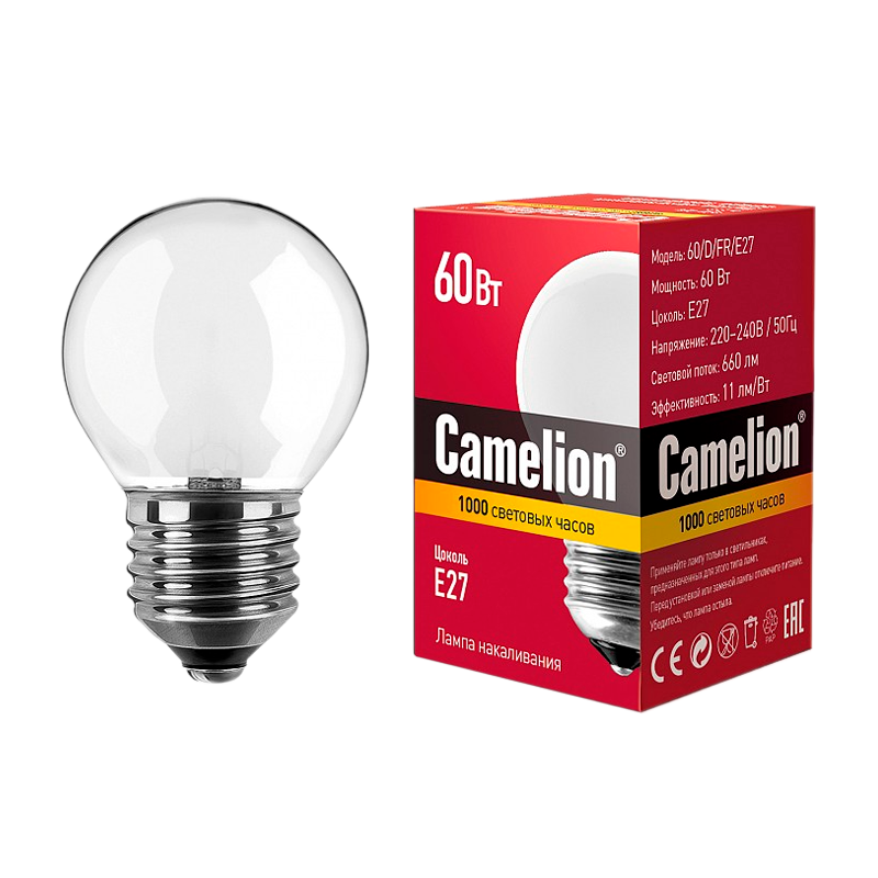 Лампа накаливания Camelion E27 60W 220V шар матовая (1/100)