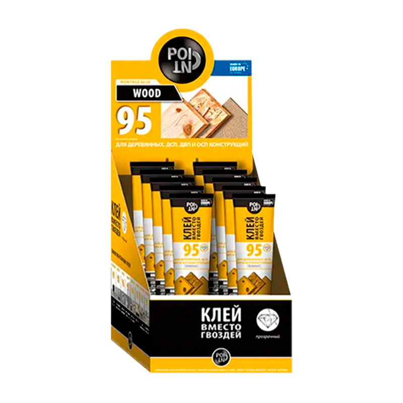 Клей POINT 95 вместо гвоздей 80мл для ДСП, ДВП, ОСБ конструкций BOX10 шоу-бокс (1/10)