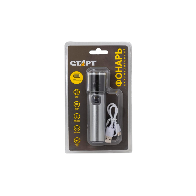 Фонарь светодиодный Старт LHE 516-C1 LED от аккумулятора USB 3 режима серебряный