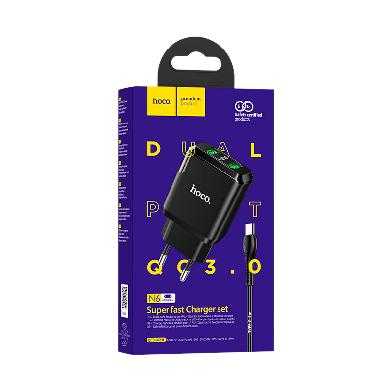 Сетевое З/У HOCO N6 2USB 3.0A QC3.0 с кабелем microUSB черный (1/12/120)