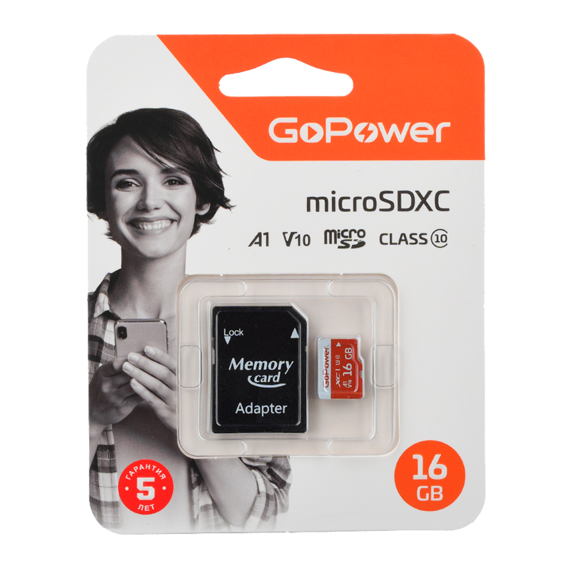 Карта памяти microSD GoPower 16GB Class10 UHS-I (U3) 80 МБ/сек V10 с адаптером