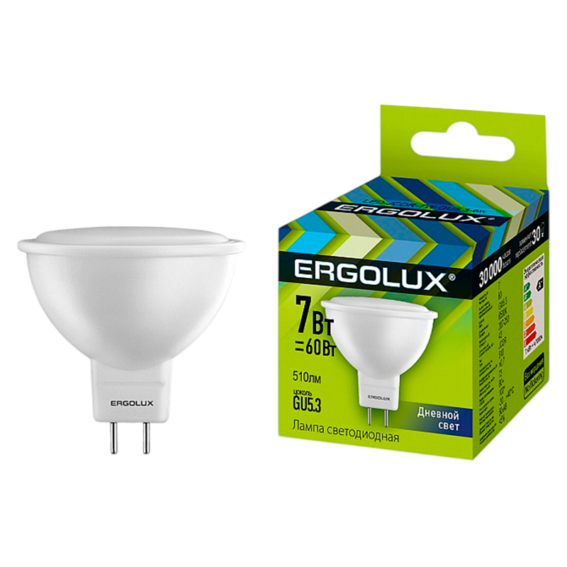 Лампа светодиодная Ergolux JCDR GU5.3 7W 6500К 172-265V софит (1/10/100)