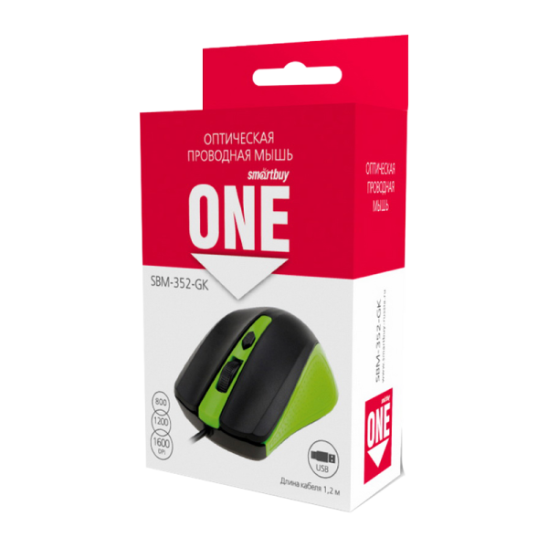 Мышь проводная Smartbuy 352 ONE классическая USB черный зеленый (1/100)
