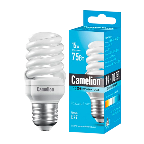 Лампа энергосберегающая Camelion T2 E27 15W 4200К 220-240V спираль (1/5/25/100)