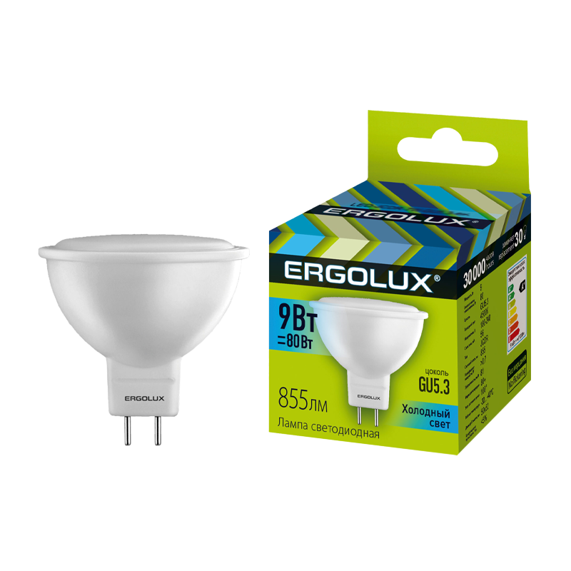 Лампа светодиодная Ergolux JCDR GU5.3 9W 4500К 180-240V софит (1/10/100)