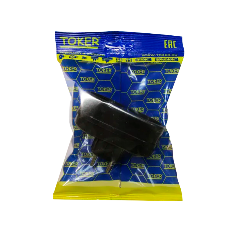 Разветвитель Toker 2Т 2р.Б/З в индивидуальной упаковке с подвесом черный (1/50)