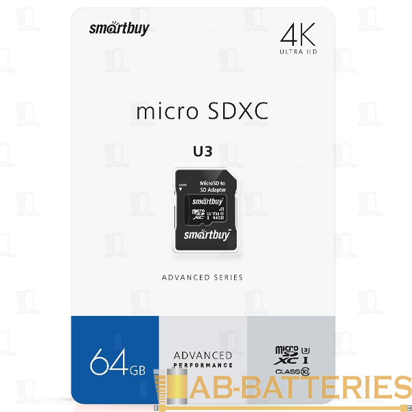 Карта памяти microSD Smartbuy Advanced Series 64GB Class10 UHS-I (U3) 90 МБ/сек V30 A1 с адаптером