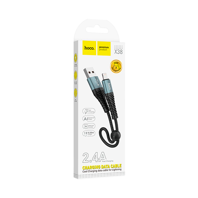 Кабель HOCO X38 USB (m)-Lightning (m) 0.25м 2.4A нейлон черный (1/31/310)