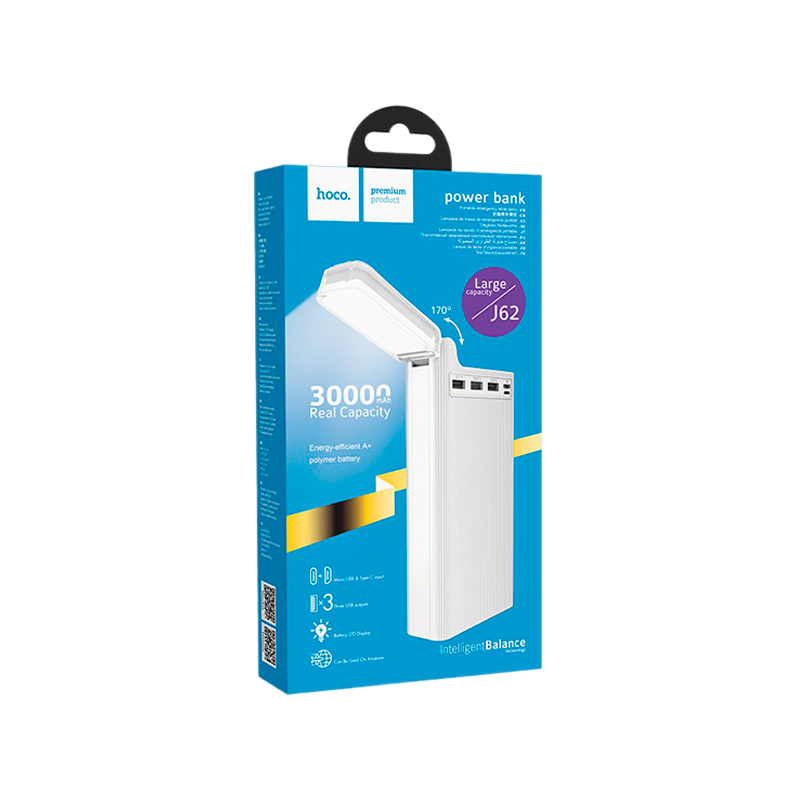 Внешний аккумулятор HOCO J62 30000mAh 2.0A 3USB/Type-C с лампой белый (1/18)