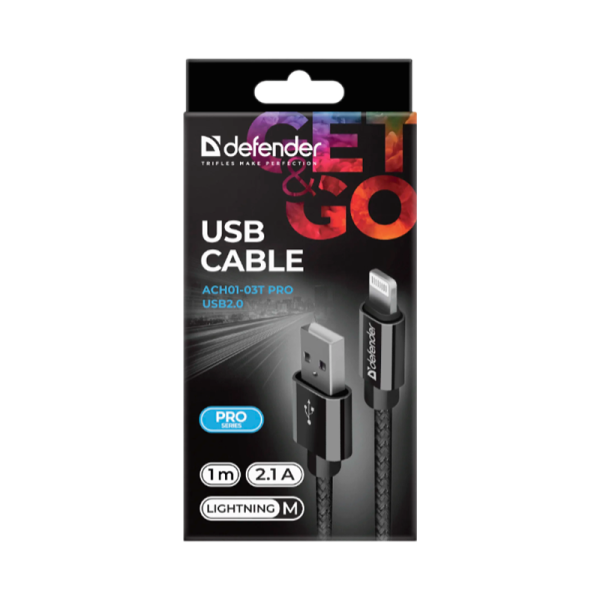 Кабель Defender ACH01-03T PRO USB2.0 (m)-Lightning (m) 1.0м 2.1A черный