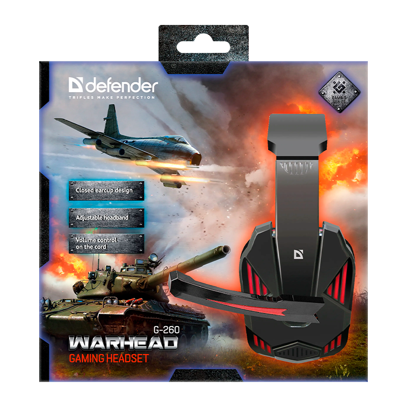 Наушники полноразмерные Defender G-260 Warhead с микр. игровые черный красный (1/20)