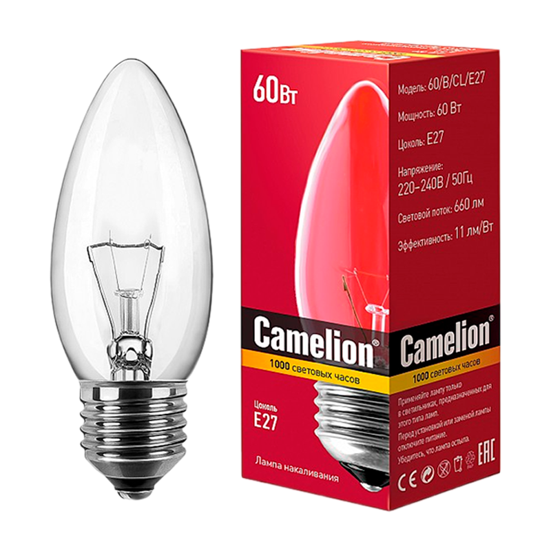 Лампа накаливания Camelion E27 60W 220V свеча прозрачная (1/100)