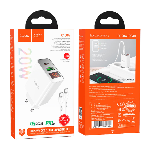 Сетевое З/У HOCO C100A Type-C (m) 3.0A 20W с кабелем Type-C-Type-C белый (1/13/130)