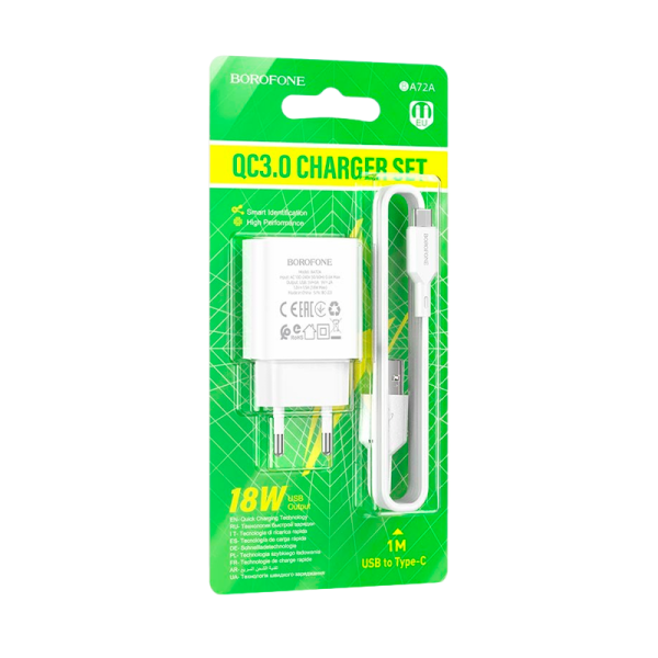 Сетевое З/У Borofone BA72A 1USB 18W QC3.0 белый (1/75/300)