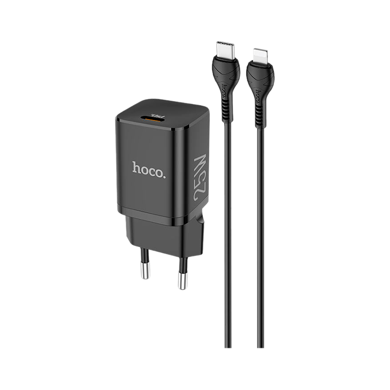 Сетевое З/У HOCO N19 Type-C 25W PD3.0 с кабелем Type-C-Lightning черный (1/12/120)