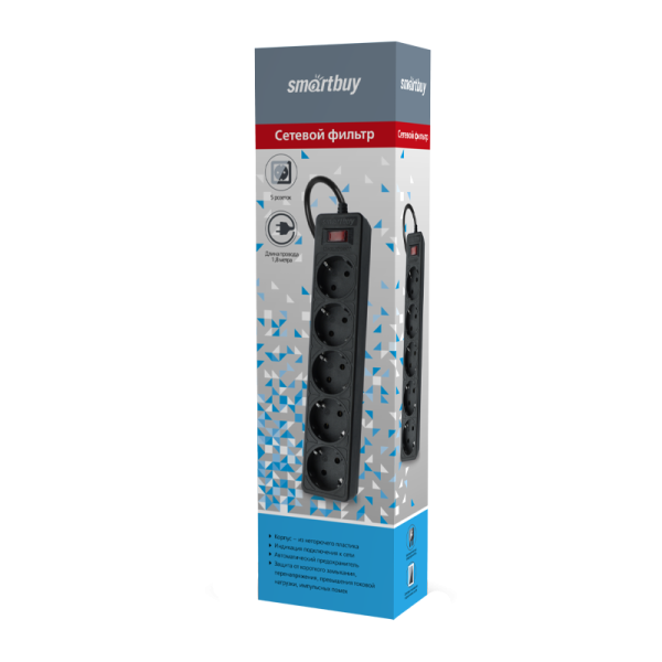 Сетевой фильтр Smartbuy SBSP 5р.С/З 10A 5.0м черный (1/35)