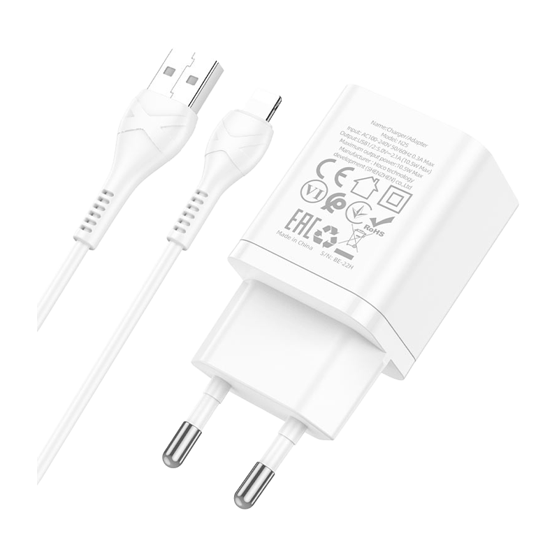 Сетевое З/У HOCO N25 2USB 2.1A с кабелем Lightning белый (1/13/130)